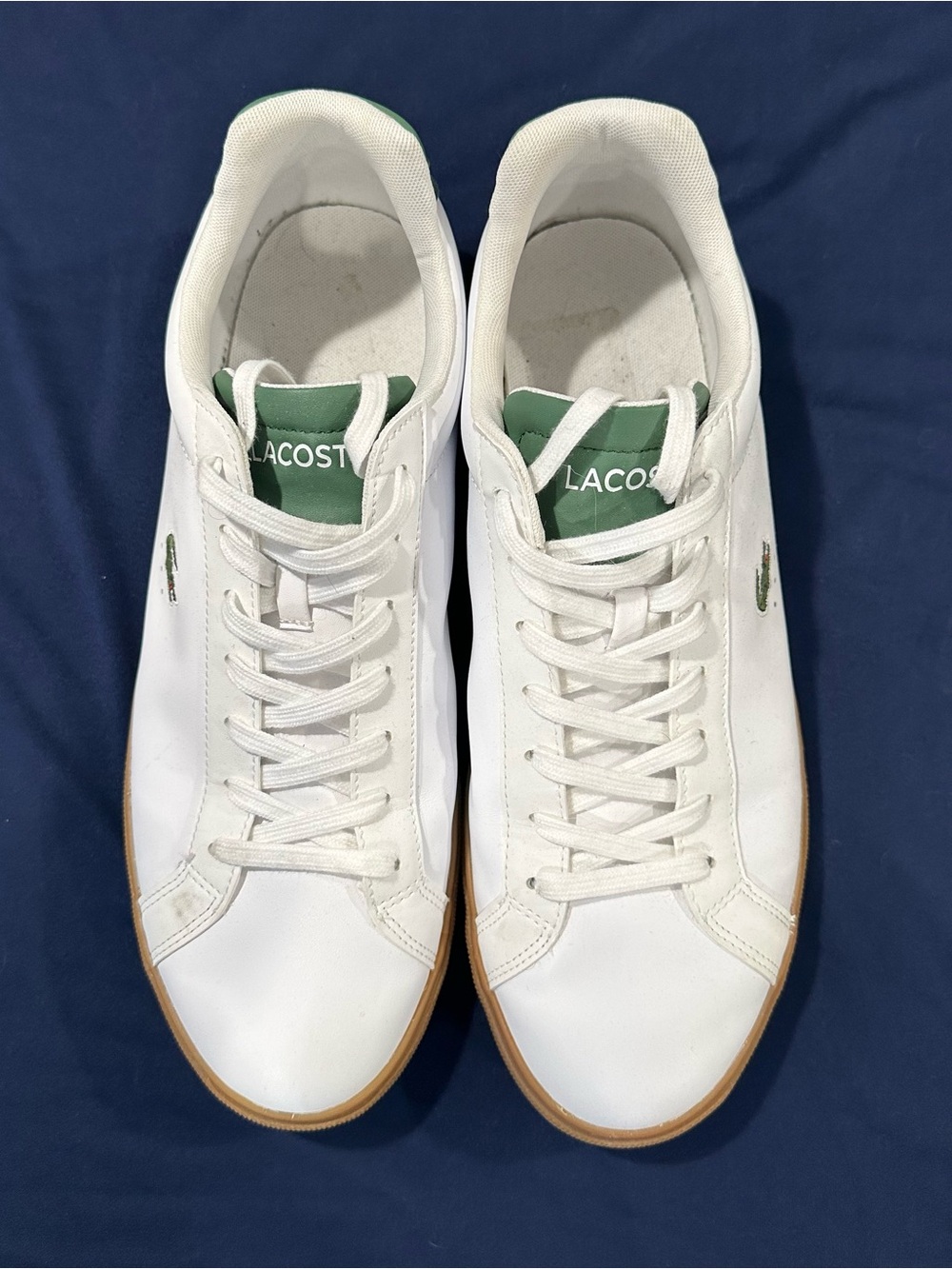 Lacoste White Leather Sneakers with Green Tongue and Gum Sole